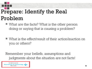 Prepare: Identify the Real
Problem
 What are the facts? What is the other person
doing or saying that is causing a problem?
 What is the effect/result of their action/inaction on
you or others?
Remember your beliefs, assumptions and
judgments about the situation are not facts!
8
 