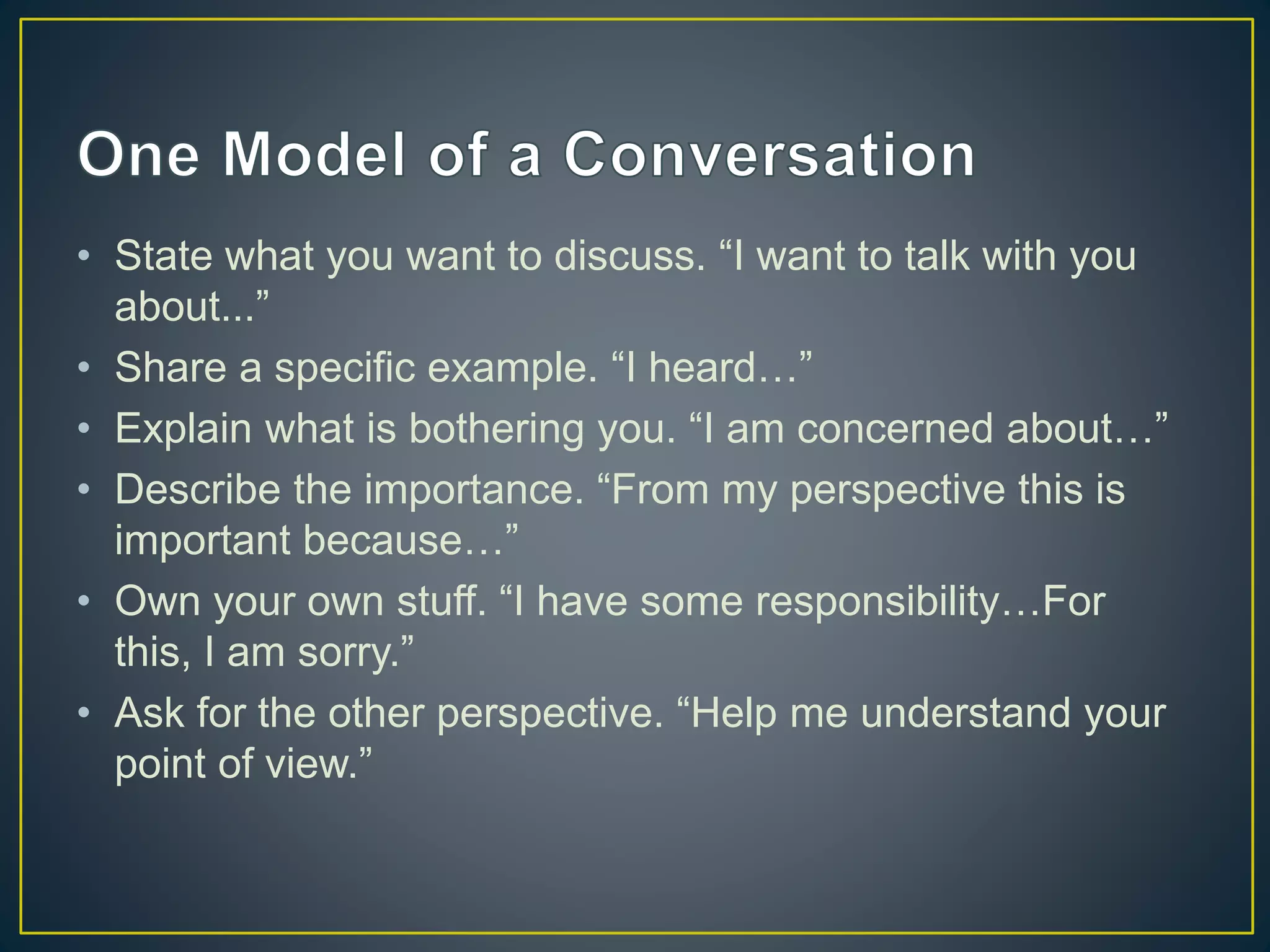 • State what you want to discuss. “I want to talk with you
about...”
• Share a specific example. “I heard…”
• Explain what is bothering you. “I am concerned about…”
• Describe the importance. “From my perspective this is
important because…”
• Own your own stuff. “I have some responsibility…For
this, I am sorry.”
• Ask for the other perspective. “Help me understand your
point of view.”
 
