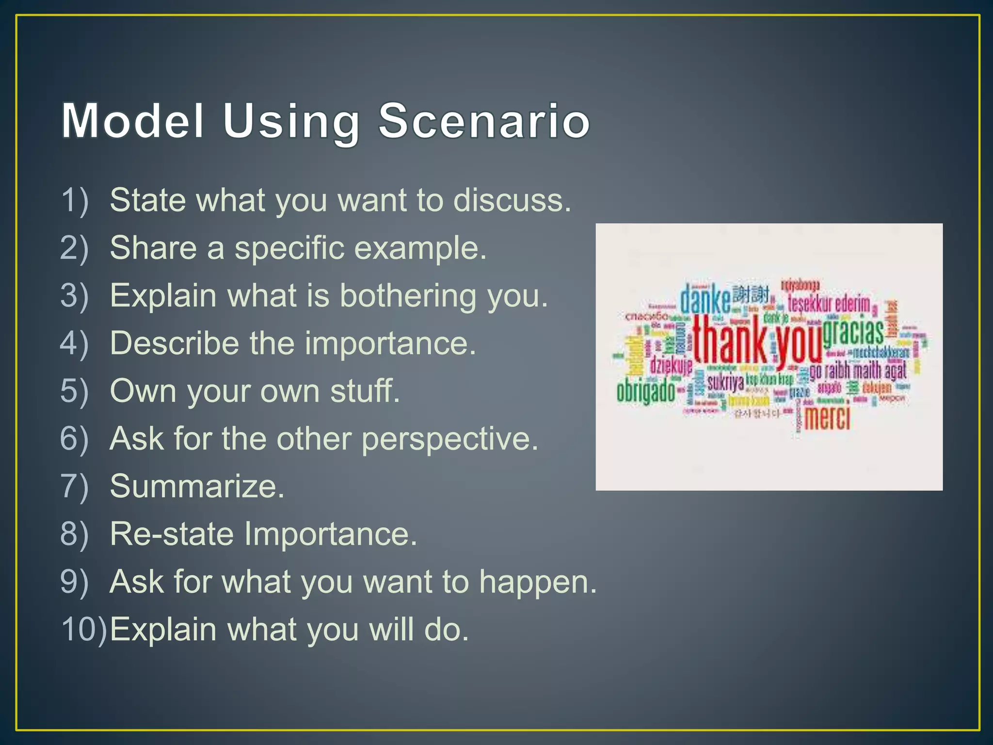 1) State what you want to discuss.
2) Share a specific example.
3) Explain what is bothering you.
4) Describe the importance.
5) Own your own stuff.
6) Ask for the other perspective.
7) Summarize.
8) Re-state Importance.
9) Ask for what you want to happen.
10)Explain what you will do.
 