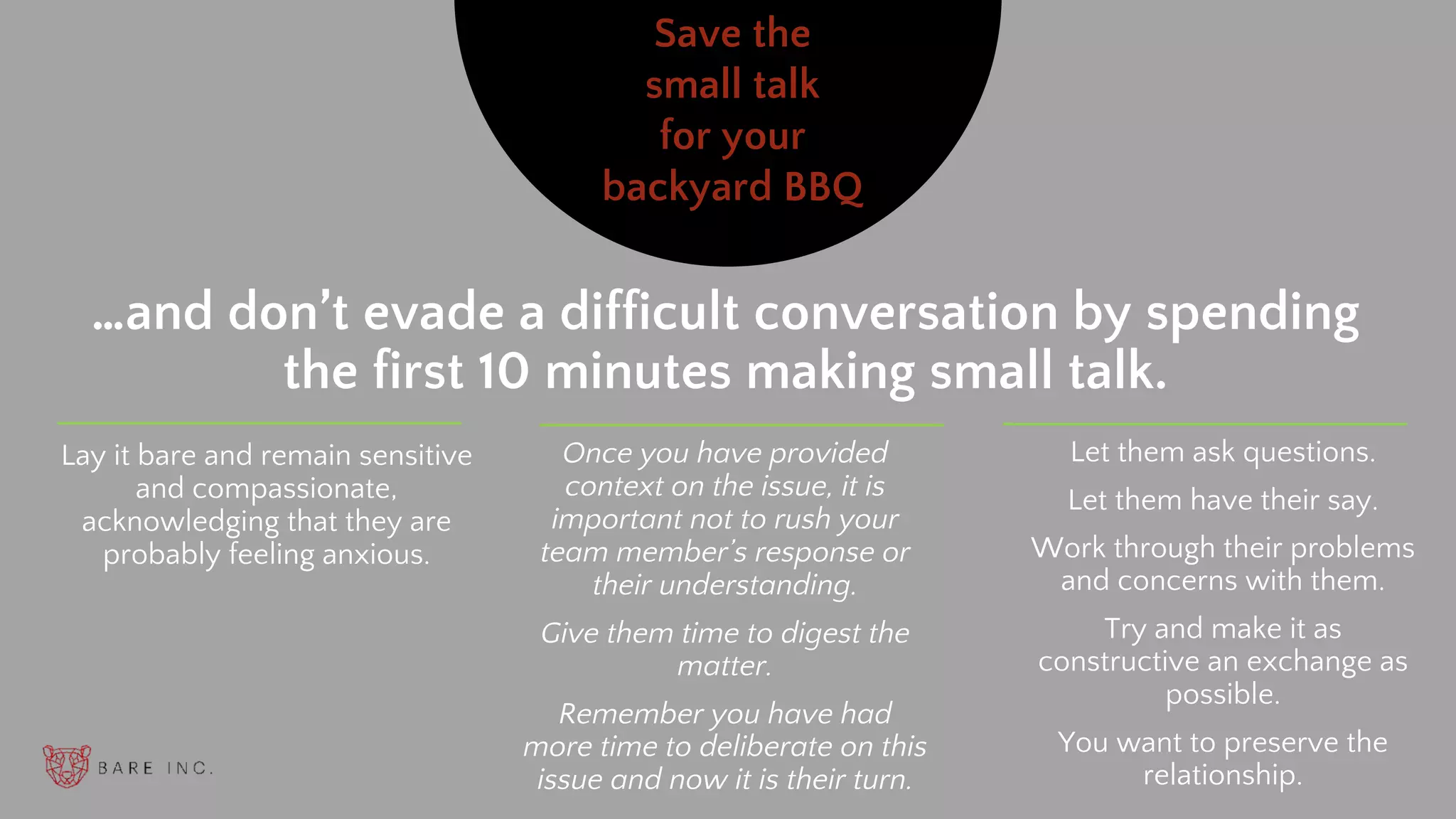 …and don’t evade a difficult conversation by spending
the first 10 minutes making small talk.
Lay it bare and remain sensitive
and compassionate,
acknowledging that they are
probably feeling anxious.
Save the
small talk
for your
backyard BBQ
Once you have provided
context on the issue, it is
important not to rush your
team member’s response or
their understanding.
Give them time to digest the
matter.
Remember you have had
more time to deliberate on this
issue and now it is their turn.
Let them ask questions.
Let them have their say.
Work through their problems
and concerns with them.
Try and make it as
constructive an exchange as
possible.
You want to preserve the
relationship.
 