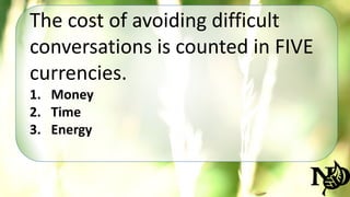 The cost of avoiding difficult 
conversations is counted in FIVE 
currencies. 
1. Money 
2. Time 
3. Energy 
 