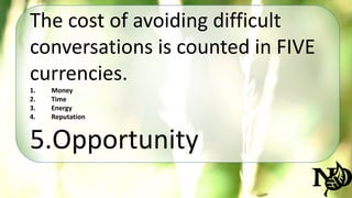 The cost of avoiding difficult 
conversations is counted in FIVE 
currencies. 
1. Money 
2. Time 
3. Energy 
4. Reputation 
5.Opportunity 
 