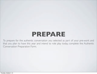 PREPARE
To prepare for the authentic conversation you selected as part of your pre-work and
that you plan to have this year and intend to role play today, complete the Authentic
Conversation Preparation Form.
Thursday, October 4, 12
 