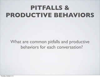 PITFALLS &
PRODUCTIVE BEHAVIORS
What are common pitfalls and productive
behaviors for each conversation?
Thursday, October 4, 12
 
