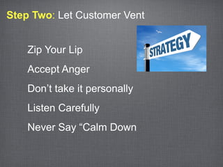Step Two: Let Customer Vent


    Zip Your Lip
    Accept Anger
    Don’t take it personally
    Listen Carefully
    Never Say “Calm Down
 