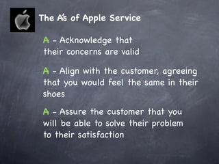 The A’s of Apple Service

 A - Acknowledge that
 their concerns are valid

 A - Align with the customer, agreeing
 that you would feel the same in their
 shoes
 A - Assure the customer that you
 will be able to solve their problem
 to their satisfaction
 