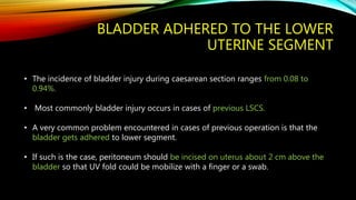 BLADDER ADHERED TO THE LOWER
UTERINE SEGMENT
• The incidence of bladder injury during caesarean section ranges from 0.08 to
0.94%.
• Most commonly bladder injury occurs in cases of previous LSCS.
• A very common problem encountered in cases of previous operation is that the
bladder gets adhered to lower segment.
• If such is the case, peritoneum should be incised on uterus about 2 cm above the
bladder so that UV fold could be mobilize with a finger or a swab.
 
