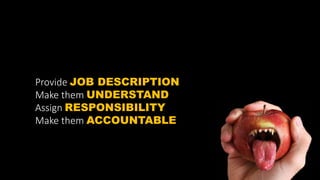 Provide JOB DESCRIPTION
Make them UNDERSTAND
Assign RESPONSIBILITY
Make them ACCOUNTABLE
 