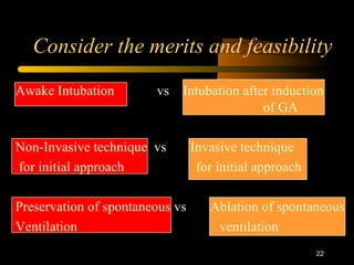 Consider the merits and feasibility
Awake Intubation vs Intubation after induction
of GA
Non-Invasive technique vs Invasive technique
for initial approach for initial approach
Preservation of spontaneous vs Ablation of spontaneous
Ventilation ventilation
22
 