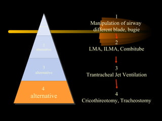 1
alternative
1
alternative
2
alternative
2
alternative
3
alternative
3
alternative
4
alternative
4
alternative
1
Manipulation of airway
different blade, bugie
2
LMA, ILMA, Combitube
3
Trantracheal Jet Ventilation
4
Cricothireotomy, Tracheostomy
 
