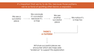 We see a
successful
piece
We conclude
it’s successful
because it’s
a map
We see
another
successful
piece
We notice it’s
a map too
THERE’S
A PATTERN!
All future successful pieces we
encounter which are maps add
“evidence” to support this explanation
It’s important that we try to do this, because those patterns
we’re so fond of spotting often leave us exposed...
 