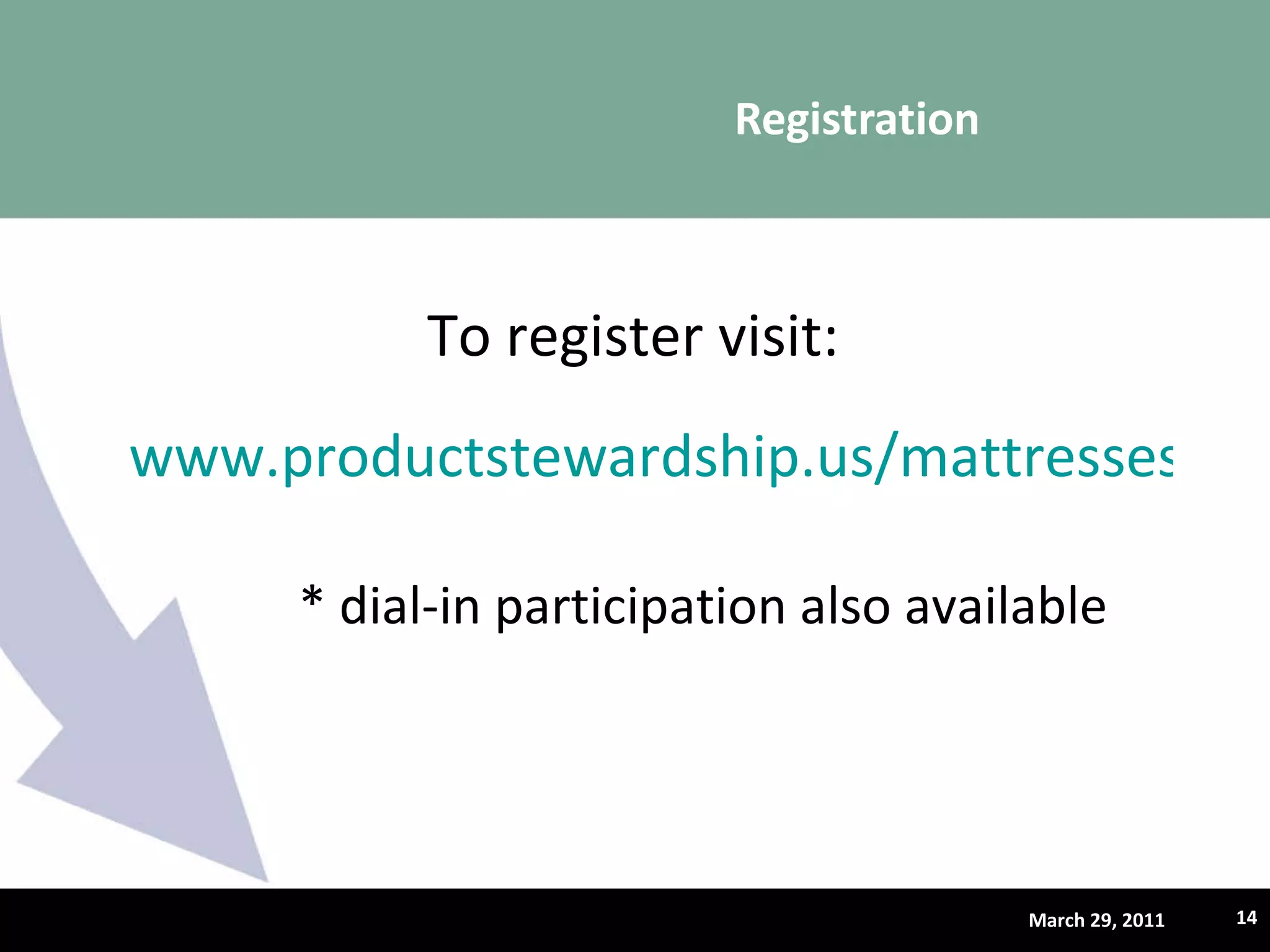 Registration March 29, 2011 www.productstewardship.us/mattresses   To register visit:  * dial-in participation also available  