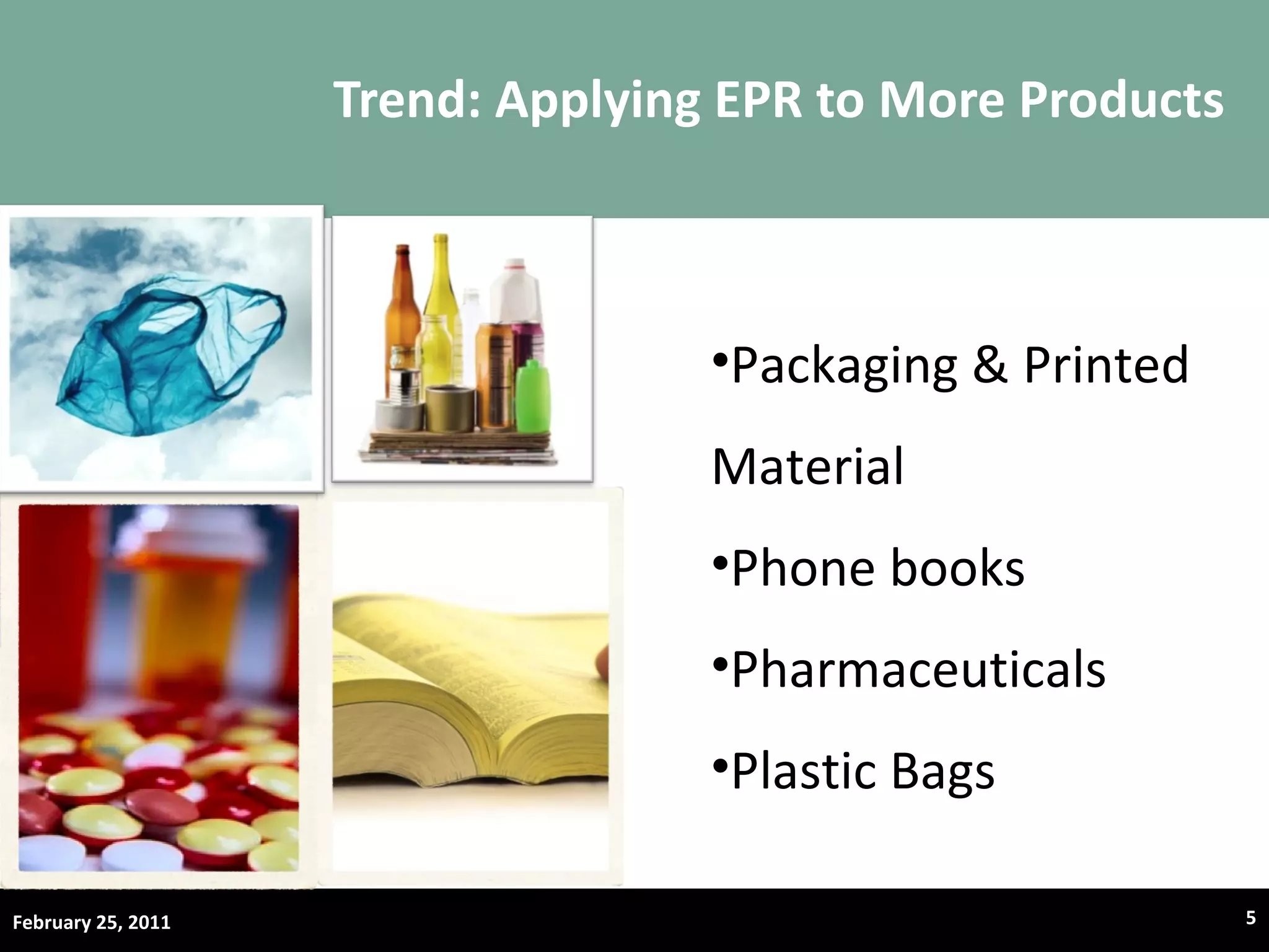 Trend: Applying EPR to More Products Packaging & Printed Material Phone books Pharmaceuticals Plastic Bags February 25, 2011 