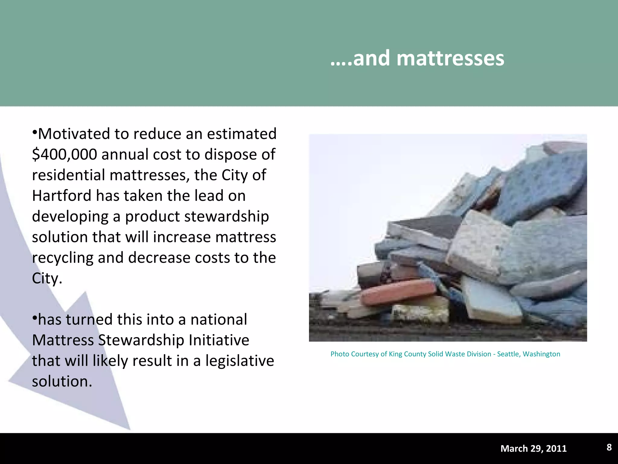 … .and mattresses March 29, 2011 Photo Courtesy of King County Solid Waste Division - Seattle, Washington Motivated to reduce an estimated $400,000 annual cost to dispose of residential mattresses, the City of Hartford has taken the lead on developing a product stewardship solution that will increase mattress recycling and decrease costs to the City.  has turned this into a national Mattress Stewardship Initiative that will likely result in a legislative solution.  