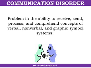 COMMUNICATION DISORDER
SOCCSKSARGEN REGION
Problem in the ability to receive, send,
process, and comprehend concepts of
verbal, nonverbal, and graphic symbol
systems.
 