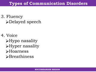 SOCCSKSARGEN REGION
3. Fluency
⮚Delayed speech
Types of Communication Disorders
4. Voice
⮚Hypo nasality
⮚Hyper nasality
⮚Hoarness
⮚Breathiness
 