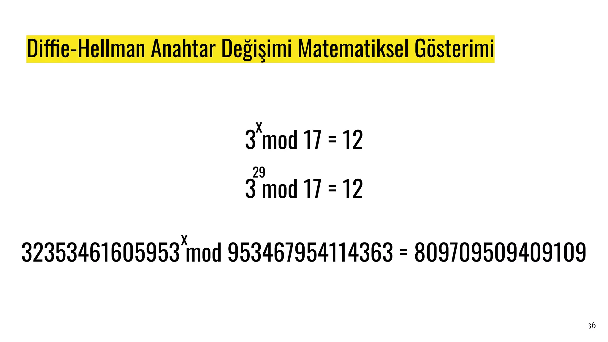 Diffie-Hellman Anahtar Değişimi Matematiksel Gösterimi
36
3 mod 17 = 12
x
3 mod 17 = 12
29
32353461605953 mod 953467954114363 = 809709509409109
x
 