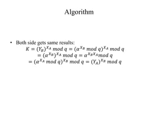 Algorithm
• Both side gets same results:
𝐾 = (𝑌𝐵)𝑋𝐴 𝑚𝑜𝑑 𝑞 = (𝛼𝑋𝐵 𝑚𝑜𝑑 𝑞)𝑋𝐴 𝑚𝑜𝑑 𝑞
= (𝛼𝑋𝐵)𝑋𝐴 𝑚𝑜𝑑 𝑞 = 𝛼𝑋𝐵𝑋𝐴𝑚𝑜𝑑 𝑞
= (𝛼𝑋𝐴 𝑚𝑜𝑑 𝑞)𝑋𝐵 𝑚𝑜𝑑 𝑞 = (𝑌𝐴)𝑋𝐵 𝑚𝑜𝑑 𝑞
 