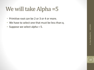 We will take Alpha =5
• Primitive root can be 2 or 3 or 4 or more.
• We have to select one that must be less than q.
• Suppose we select alpha = 5.
2/4/2020Dr.RajniBhalla(LPU)
10
 