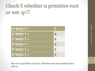 Check 5 whether is primitive root
or not q=7.
51 MOD 7 = 5
52 MOD 7 = 4
53 MOD 7 = 6
54 MOD 7 = 3
55 MOD 7 = 2
56 MOD 7 = 1
We can 5 is primitive root of q. Primitive root must always be less
than q.
2/4/2020Dr.RajniBhalla(LPU)
7
 