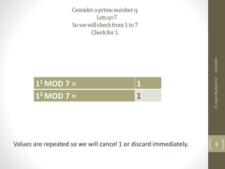 Consideraprimenumberq.
Letsq=7
Sowewillcheckfrom1to7
Checkfor1.
Values are repeated so we will cancel 1 or discard immediately.
11 MOD 7 = 1
12 MOD 7 = 1
2/4/2020Dr.RajniBhalla(LPU)
8
 