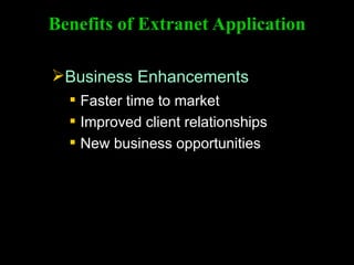 Business Enhancements Benefits of Extranet Application Faster time to market Improved client relationships New business opportunities 