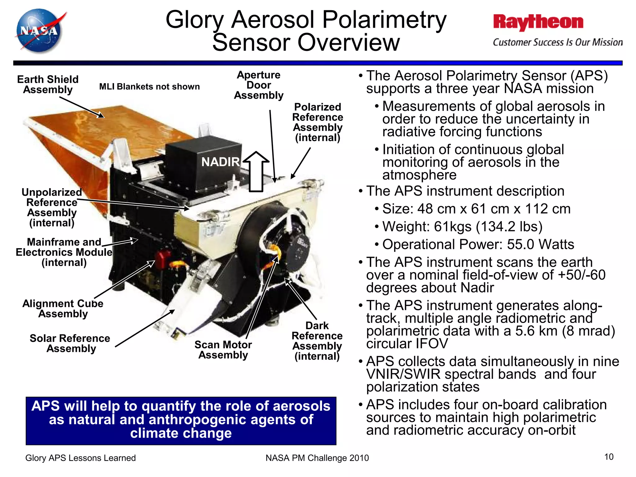 Glory Aerosol Polarimetry
                                   Sensor Overview
Earth Shield                                  Aperture                • The Aerosol Polarimetry Sensor (APS)
 Assembly        MLI Blankets not shown         Door                    supports a three year NASA mission
                                              Assembly
                                                         Polarized        • Measurements of global aerosols in
                                                         Reference          order to reduce the uncertainty in
                                                         Assembly
                                                         (internal)         radiative forcing functions
                                                                          • Initiation of continuous global
                                          NADIR                             monitoring of aerosols in the
                                                                            atmosphere
 Unpolarized                                                          • The APS instrument description
  Reference
  Assembly                                                                • Size: 48 cm x 61 cm x 112 cm
  (internal)                                                              • Weight: 61kgs (134.2 lbs)
  Mainframe and                                                           • Operational Power: 55.0 Watts
Electronics Module
     (internal)                                                       • The APS instrument scans the earth
                                                                        over a nominal field-of-view of +50/-60
                                                                        degrees about Nadir
 Alignment Cube                                                       • The APS instrument generates along-
    Assembly
                                                            Dark
                                                                        track, multiple angle radiometric and
  Solar Reference                                        Reference      polarimetric data with a 5.6 km (8 mrad)
     Assembly                        Scan Motor          Assembly       circular IFOV
                                      Assembly           (internal)
                                                                      • APS collects data simultaneously in nine
                                                                        VNIR/SWIR spectral bands and four
                                                                        polarization states
  APS will help to quantify the role of aerosols                      • APS includes four on-board calibration
    as natural and anthropogenic agents of                              sources to maintain high polarimetric
                 climate change                                         and radiometric accuracy on-orbit
 Glory APS Lessons Learned                         NASA PM Challenge 2010                                    10
 