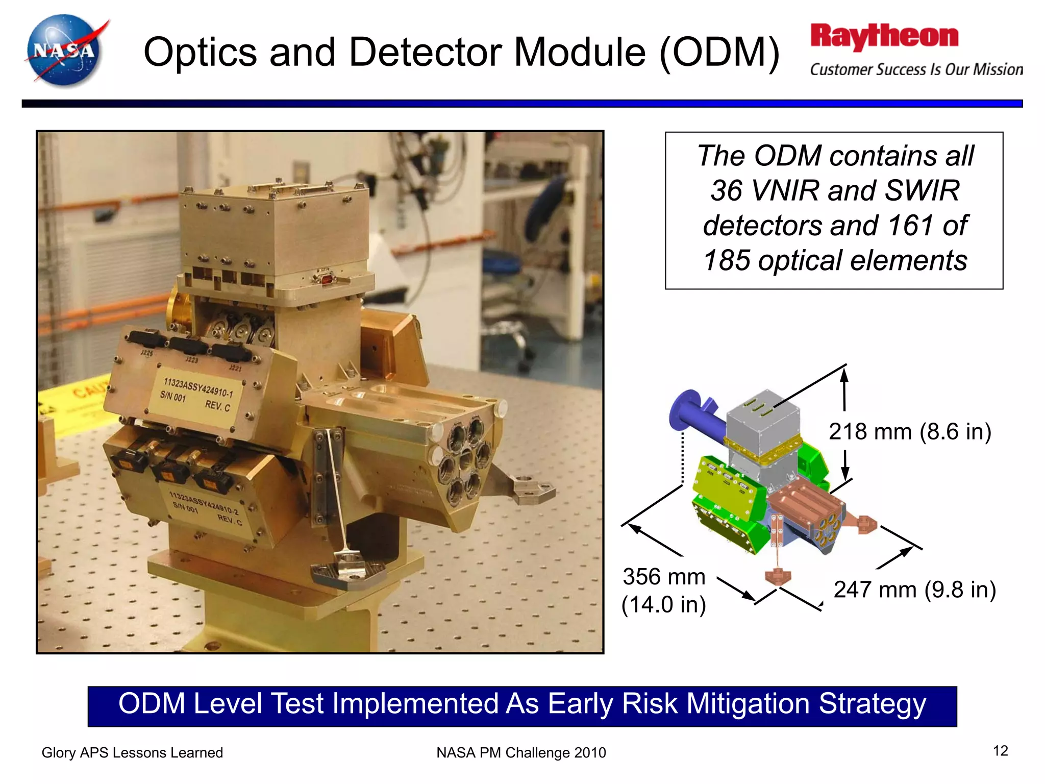 Optics and Detector Module (ODM)

                                                                 The ODM contains all
                                                                  36 VNIR and SWIR
                                                                 detectors and 161 of
                                                                 185 optical elements




                                                                          218 mm (8.6 in)




                                                          356 mm
                                                                          247 mm (9.8 in)
                                                          (14.0 in)



          ODM Level Test Implemented As Early Risk Mitigation Strategy
Glory APS Lessons Learned        NASA PM Challenge 2010                                     12
 