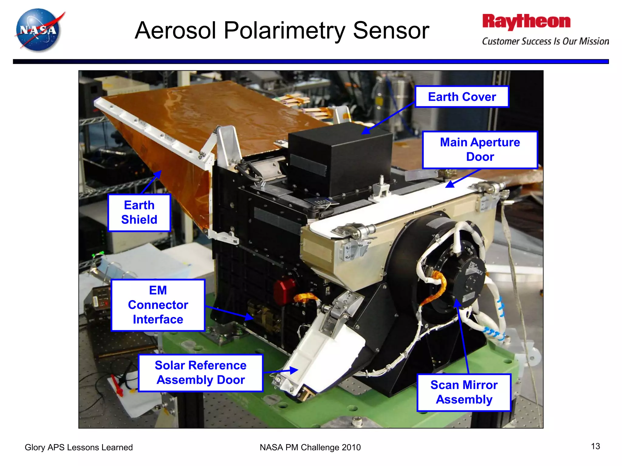 Aerosol Polarimetry Sensor

                                                                        Earth Cover


                                                                         Main Aperture
                                                                             Door


                      Earth
                      Shield




                           EM
                       Connector
                        Interface


                             Solar Reference
                             Assembly Door                              Scan Mirror
                                                                         Assembly


Glory APS Lessons Learned                      NASA PM Challenge 2010                    13
 