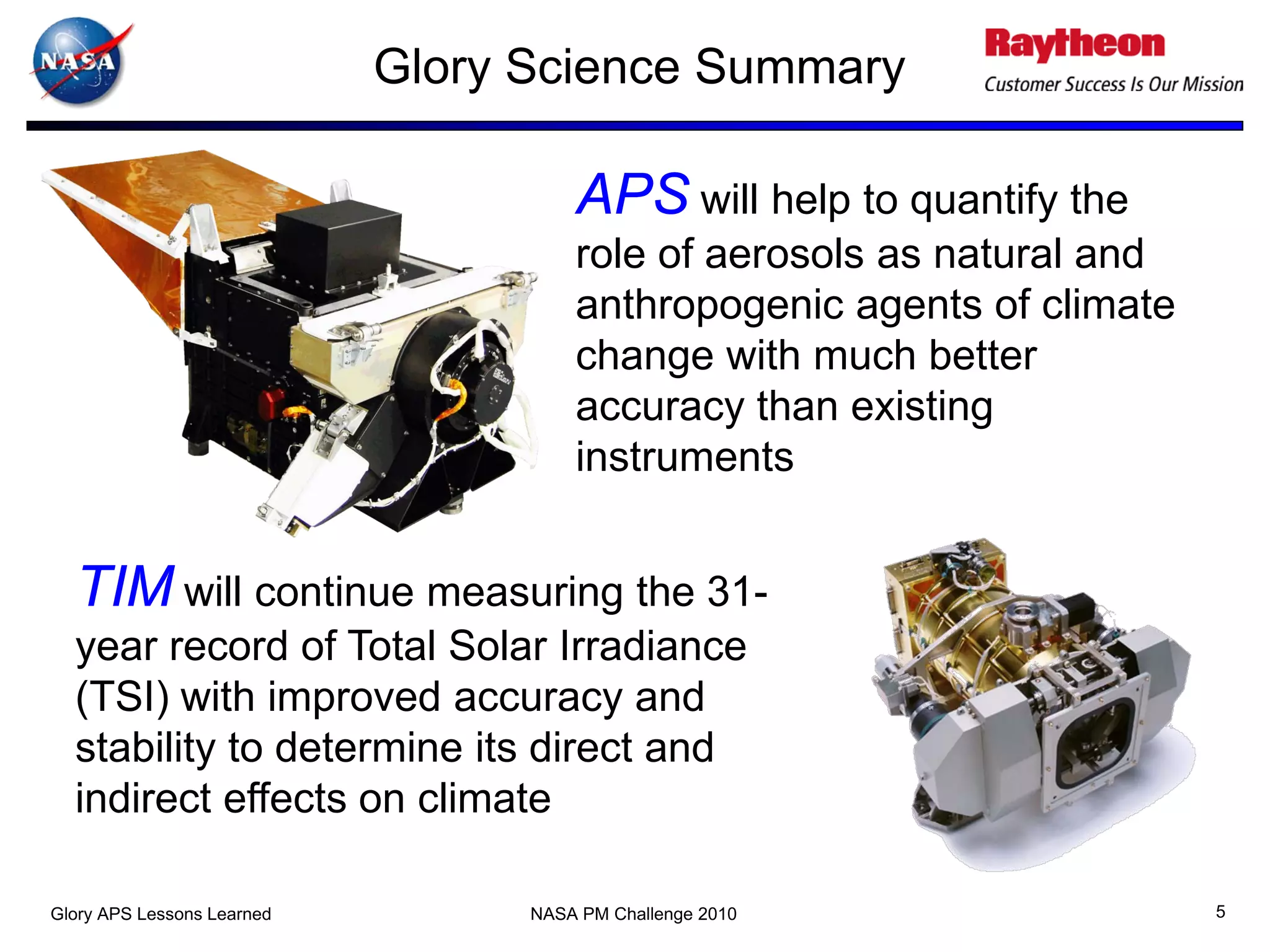Glory Science Summary

                                      APS will help to quantify the
                                      role of aerosols as natural and
                                      anthropogenic agents of climate
                                      change with much better
                                      accuracy than existing
                                      instruments


  TIM will continue measuring the 31-
  year record of Total Solar Irradiance
  (TSI) with improved accuracy and
  stability to determine its direct and
  indirect effects on climate

Glory APS Lessons Learned         NASA PM Challenge 2010                5
 