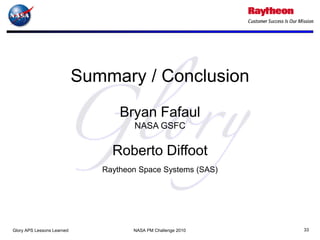 Summary / Conclusion
                                   Bryan Fafaul
                                      NASA GSFC

                                 Roberto Diffoot
                               Raytheon Space Systems (SAS)




Glory APS Lessons Learned             NASA PM Challenge 2010   33
 