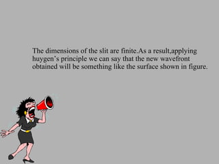 The dimensions of the slit are finite.As a result,applying huygen’s principle we can say that the new wavefront obtained will be something like the surface shown in figure. 