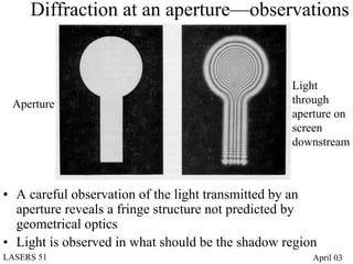 Diffraction at an aperture—observations


                                                  Light
 Aperture                                         through
                                                  aperture on
                                                  screen
                                                  downstream



• A careful observation of the light transmitted by an
  aperture reveals a fringe structure not predicted by
  geometrical optics
• Light is observed in what should be the shadow region
LASERS 51                                             April 03
 