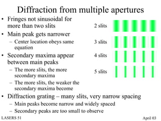 Diffraction from multiple apertures
• Fringes not sinusoidal for
  more than two slits                 2 slits
• Main peak gets narrower
   – Center location obeys same       3 slits
     equation
• Secondary maxima appear             4 slits
  between main peaks
   – The more slits, the more         5 slits
     secondary maxima
   – The more slits, the weaker the
     secondary maxima become
• Diffraction grating – many slits, very narrow spacing
   – Main peaks become narrow and widely spaced
   – Secondary peaks are too small to observe
LASERS 51                                                 April 03
 
