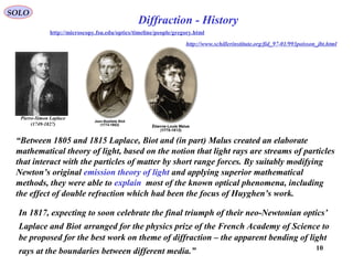 10
SOLO
“Between 1805 and 1815 Laplace, Biot and (in part) Malus created an elaborate
mathematical theory of light, based on the notion that light rays are streams of particles
that interact with the particles of matter by short range forces. By suitably modifying
Newton’s original emission theory of light and applying superior mathematical
methods, they were able to explain most of the known optical phenomena, including
the effect of double refraction which had been the focus of Huyghen’s work.
Diffraction - History
http://microscopy.fsu.edu/optics/timeline/people/gregory.html
http://www.schillerinstitute.org/fid_97-01/993poisson_jbt.html
Pierre-Simon Laplace
(1749-1827)
In 1817, expecting to soon celebrate the final triumph of their neo-Newtonian optics’
Laplace and Biot arranged for the physics prize of the French Academy of Science to
be proposed for the best work on theme of diffraction – the apparent bending of light
rays at the boundaries between different media.”
 