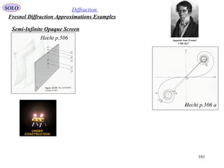 101
SOLO Diffraction
Fresnel Diffraction Approximations Examples
Augustin Jean Fresnel
1788-1827
Semi-Infinite Opaque Screen
Hecht p.506 a
Hecht p.506
 