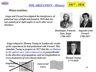 12
POLARIZATION - History
Arago and Fresnel investigated the interference of
polarized rays of light and found in 1816 that two
rays polarized at right angles to each other never
interface.
SOLO
History (continue)
Dominique François
Jean Arago
1786-1853
Augustin Jean
Fresnel
1788-1827
Arago relayed to Thomas Young in London the results
of the experiment he had performed with Fresnel. This
stimulate Young to propose in 1817 that the oscillations
in the optical wave where transverse, or perpendicular
to the direction of propagation, and not longitudinal as
every proponent of wave theory believed. Thomas Young
1773-1829
1816-1817
longitudinal
waves
transversal
waves
 
