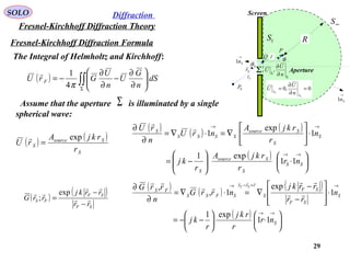 29
Fresnel-Kirchhoff Diffraction Formula
SOLO
Fresnel-Kirchhoff Diffraction Theory
Diffraction
( ) ∫∫Σ






∂
∂
−
∂
∂
−= dS
n
G
U
n
U
GrU F
π4
1
The Integral of Helmholtz and Kirchhoff:
ΣAssume that the aperture is illuminated by a single
spherical wave:
( ) ( )
S
Ssource
S
r
rkjA
rU
exp
=

( ) ( ) ( )
( )






⋅





−=
⋅





∇=⋅∇=
∂
∂
→→
→→
SS
S
Ssource
S
S
S
Ssource
SSSS
S
nr
r
rkjA
r
kj
n
r
rkjA
nrU
n
rU
11
exp1
1
exp
1


( )
( )
SF
SF
FS
rr
rrkj
rrG 


−
−
=
exp
;
( ) ( )
( )
( )






⋅





−−=
⋅








−
−
∇=⋅∇=
∂
∂
→→
→=−→
S
S
SF
SF
S
rrr
SFSS
FS
nr
r
rkj
r
kj
n
rr
rrkj
nrrG
n
rrG SF
11
exp1
1
exp
1,
,



 
P
Fr

Sr

r

Σ
1S
∞S
R
Screen
Aperture
0P 0,0
1
1
=
∂
∂
=
S
S
n
U
U
Σ
Σ ∂
∂
n
U
U ,
Q
→
Sn1
→
Sn1
Sθ
θ
 