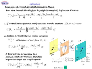 39
P
0P
Q 1x
0x
1y
0y
η
ξ
Sr'

Sr

ρ
 r

O
Sθ θ
Screen
Image
plane
Source
plane
0O
1O
Sn1
Σ
Σ - Screen Aperture
Sn1 - normal to Screen
1r
0r

SSS rn θcos11 =⋅
θcos11 =⋅ rnS
z
Sn1
'r
 Fr

F
rPP

=0
S
rQP

=0
rQP

=
SrOP '0

=
'1 rOO

=
SOLO Diffraction
( ) ( ) ( )
∫∫Σ
+
= dS
r
rkj
r
rkjAj
rU S
S
Ssource
F
2
coscosexpexp θθ
λ

Start with Fresnel-Kirchhoff (or Rayleigh-Sommerfeld) Diffraction Formula
1. If the inclination factor is nearly constant over the aperture ( ) constKK S ==θθ ,
Extensions of Fresnel-Kirchhoff Diffraction Theory
( ) ( ) ( )
∫∫Σ
≈ dS
r
rkj
r
rkjAKj
rU
S
Ssource
F
expexp
λ

( ) ( ) ( )
∫∫Σ
= dS
r
rkj
rU
Kj
rU SF
exp
λ
2. Replace the incident point source wavefront
with a general waveform
( )
S
S
r
rkjexp
( )Sinc rU

3. Characterize the aperture by a
transfer function τ to model amplitude
or phase changes due to optic system
( ) ( ) ( ) ( )
∫∫Σ
= dS
r
rkj
rrU
j
rU SSF
exp
τ
λ Table of Content
 