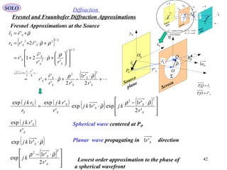 42
0P
Q
0x
0y
η
Sr'

Sr

ρ

O
Sθ
ScreenSource
plane
0O
Σ
Sn10r

S
rQP

=0
SrOP '0

=
SOLO Diffraction
Fresnel and Fraunhofer Diffraction Approximations
Fresnel Approximations at the Source
[ ]
( ) 








+
⋅
−+⋅+≈














+⋅+=
+⋅+=
+=
+−+=+
S
S
SS
S
S
xx
x
SS
S
S
SSS
SS
r
r
rr
r
r
rr
r
r
rrr
rr
'2
'1
'2'
'
'
''
'
21'
'2'
'
2
282
11
2/12
2
2/122
2
ρρ
ρ
ρ
ρ
ρρ
ρ
( ) ( ) ( ) ( )







 ⋅−
⋅=
S
S
S
S
S
S
S
r
r
kjrkj
r
rkj
r
rkj
'2
'1
exp'1exp
'
'expexp
2
2
ρρ
ρ


( )
S
S
r
rkj
'
'exp
( )ρ

⋅Srkj '1exp
( )







 ⋅−
S
S
r
r
kj
'2
'1
exp
2
2
ρρ

Spherical wave centered at P0.
Lowest order approximation to the phase of
a spherical wavefront
Planar wave propagating in directionSr'1
P
0P
Q 1x
0x
1y
0y
η
ξ
Sr'

Sr

ρ
 r

O
Sθ θ
Screen
Image
plane
Source
plane
0O
1O
Sn1
Σ
Σ - Screen Aperture
Sn1 - normal to Screen
1r
0r

SSS rn θcos11 =⋅
θcos11 =⋅ rnS
z
Sn1
'r
 Fr

 