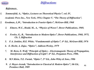 93
SOLO
References
Diffractions
2. Goodman, J.,W., “Introduction to Fourier Optics”, McGraw-Hill, 1968
1. Sommerfeld, A., “Optics, Lectures on Theoretical Physics”, vol. IV,
Academic Press Inc., New York, 1954, Chapter V, “The Theory of Diffraction”,
7. M. Born, E. Wolf, “Principle of Optics – Electromagnetic Theory of Propagation,
Interference and Diffraction of Light”, 6th
Ed., Pergamon Press, 1980,
5. F.A. Jenkins, H.E. White, “Fundamentals of Optics”, 4th
Ed., McGraw-Hill, 1976
8. M.V.Klein, T.E. Furtak, “Optics”, 2nd
Ed., John Wiley & Sons, 1986
6. E. Hecht, A. Zajac, “Optics”, Addison-Wesley, 1979
3. Elmore, W.C., Heald, M., A., “Physics of Waves”, Dover Publications, 1969,
4. Fowles, G., R., “Introduction to Modern Optics”, Dover Publications, 1968, 1975,
Ch. 5, Diffraction
9. J. Meyer-Arendt, “Introduction to Classical & Modern Optics”, 3th Ed.,
Prentince Hall, 1989
 