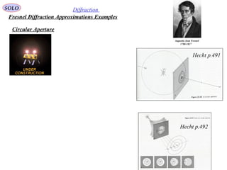97
SOLO Diffraction
Fresnel Diffraction Approximations Examples
Augustin Jean Fresnel
1788-1827
Circular Aperture
Hecht p.491
Hecht p.492
 