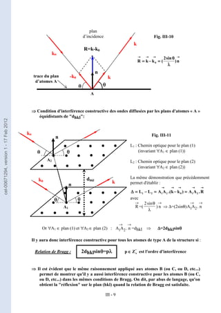III - 9
Fig. III-10
Fig. III-11
→
→
→
→
→
→
→
→
→
→
→
→
→
→
→
→
λ
λ
λ
λ
θ
θ
θ
θ
=
=
=
=
−
−
−
−
=
=
=
= n
)
sin
2
(
k
k
R 0
⇒
⇒
⇒
⇒ Condition d'interférence constructive des ondes diffusées par les plans d'atomes « A »
équidistants de "dhkl":
L1 : Chemin optique pour le plan (1)
(invariant ∀A1 ∈ plan (1))
L2 : Chemin optique pour le plan (2)
(invariant ∀A2 ∈ plan (2))
La même démonstration que précédemment
permet d'établir :
→
→
→
→
→
→
→
→
→
→
→
→
→
→
→
→
→
→
→
→
=
=
=
=
−
−
−
−
=
=
=
=
−
−
−
−
=
=
=
=
∆
∆
∆
∆ R
.
A
A
)
k
k
.(
A
A
L
L 2
1
0
2
1
2
1
avec
R
→
=(
2sinθ
λ
) n
→
⇒ ∆=(2sinθ)A A n
1 2
→ →
.
Or ∀A1 ∈ plan (1) et ∀A2 ∈ plan (2) : A A n
1 2
→ →
. =dhkl ⇒ ∆
∆
∆
∆=2dhklsinθ
θ
θ
θ
Il y aura donc interférence constructive pour tous les atomes de type A de la structure si :
Relation de Bragg : 2dhklsinθ
θ
θ
θ=pλ
λ
λ
λ *
Z
p +
+
+
+
∈
∈
∈
∈ est l'ordre d'interférence
⇒
⇒
⇒
⇒ Il est évident que le même raisonnement appliqué aux atomes B (ou C, ou D, etc...)
permet de montrer qu'il y a aussi interférence constructive pour les atomes B (ou C,
ou D, etc...) dans les mêmes conditions de Bragg. On dit, par abus de langage, qu'on
obtient la "réflexion" sur le plan (hkl) quand la relation de Bragg est satisfaite.
k
dhkl
• • • • •
• • • • •
• • • • •
• • • • •
• • • • •
• • • • •
θ
θ
θ
θ θ
θ
θ
θ
n
A1
θ
θ
θ
θ
θ
θ
θ
θ
n
k0
k0
A2
plan
d’incidence
R=k-k0
trace du plan
d’atomes A
k
A
k
k0
n
θ
θ
θ
θ
θ
θ
θ
θ
-k0
cel-00671294,
version
1
-
17
Feb
2012
 