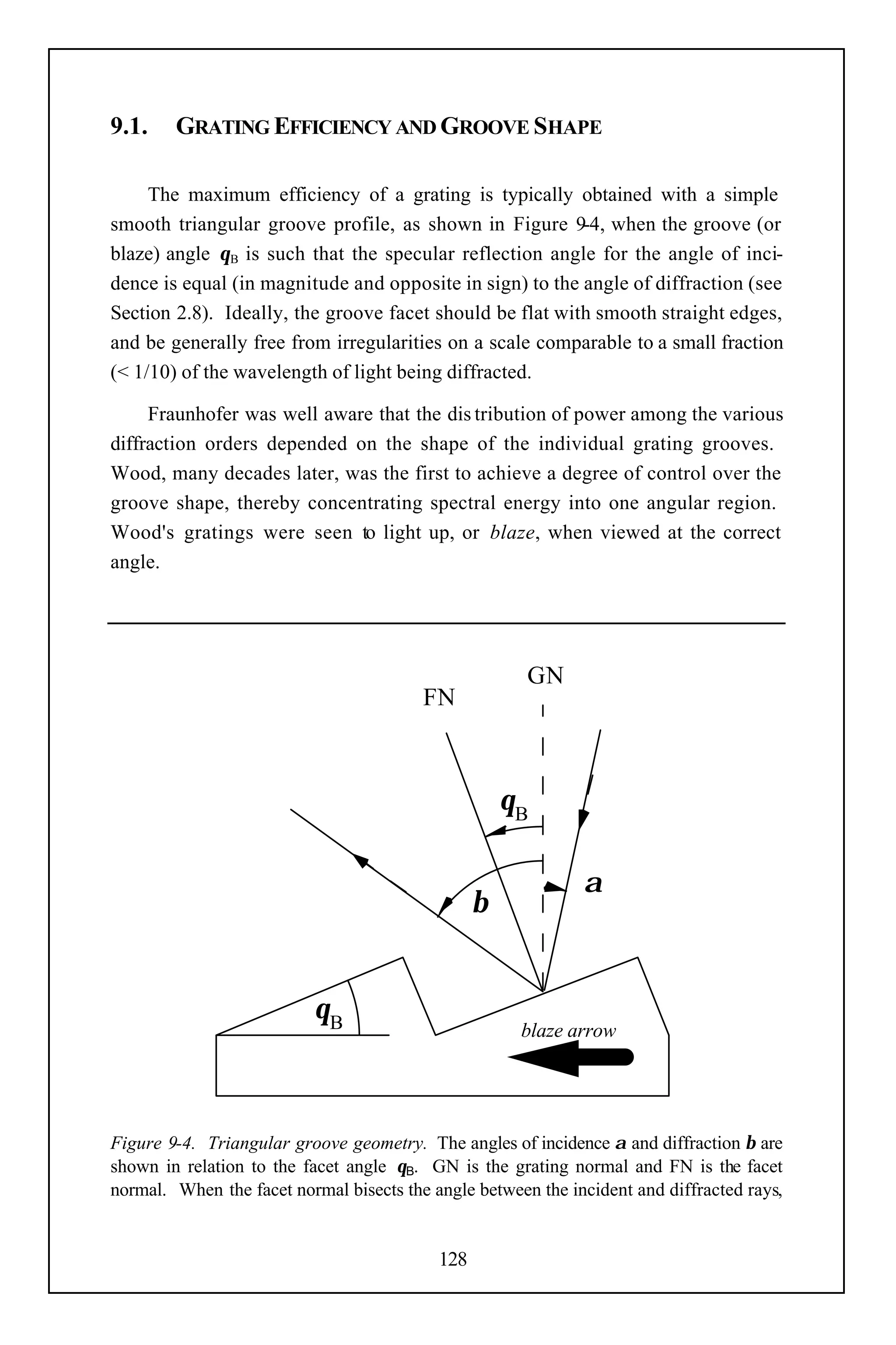 9.1.    GRATING EFFICIENCY AND GROOVE SHAPE

     The maximum efficiency of a grating is typically obtained with a simple
smooth triangular groove profile, as shown in Figure 9-4, when the groove (or
blaze) angle θB is such that the specular reflection angle for the angle of inci-
dence is equal (in magnitude and opposite in sign) to the angle of diffraction (see
Section 2.8). Ideally, the groove facet should be flat with smooth straight edges,
and be generally free from irregularities on a scale comparable to a small fraction
(< 1/10) of the wavelength of light being diffracted.

     Fraunhofer was well aware that the dis tribution of power among the various
diffraction orders depended on the shape of the individual grating grooves.
Wood, many decades later, was the first to achieve a degree of control over the
groove shape, thereby concentrating spectral energy into one angular region.
Wood's gratings were seen to light up, or blaze, when viewed at the correct
angle.




                                                       GN
                                         FN



                                                     θB

                                                              α
                                                 β


                          θB
                                                      blaze arrow




Figure 9-4. Triangular groove geometry. The angles of incidence α and diffraction β are
shown in relation to the facet angle θΒ. GN is the grating normal and FN is the facet
normal. When the facet normal bisects the angle between the incident and diffracted rays,


                                           128
 