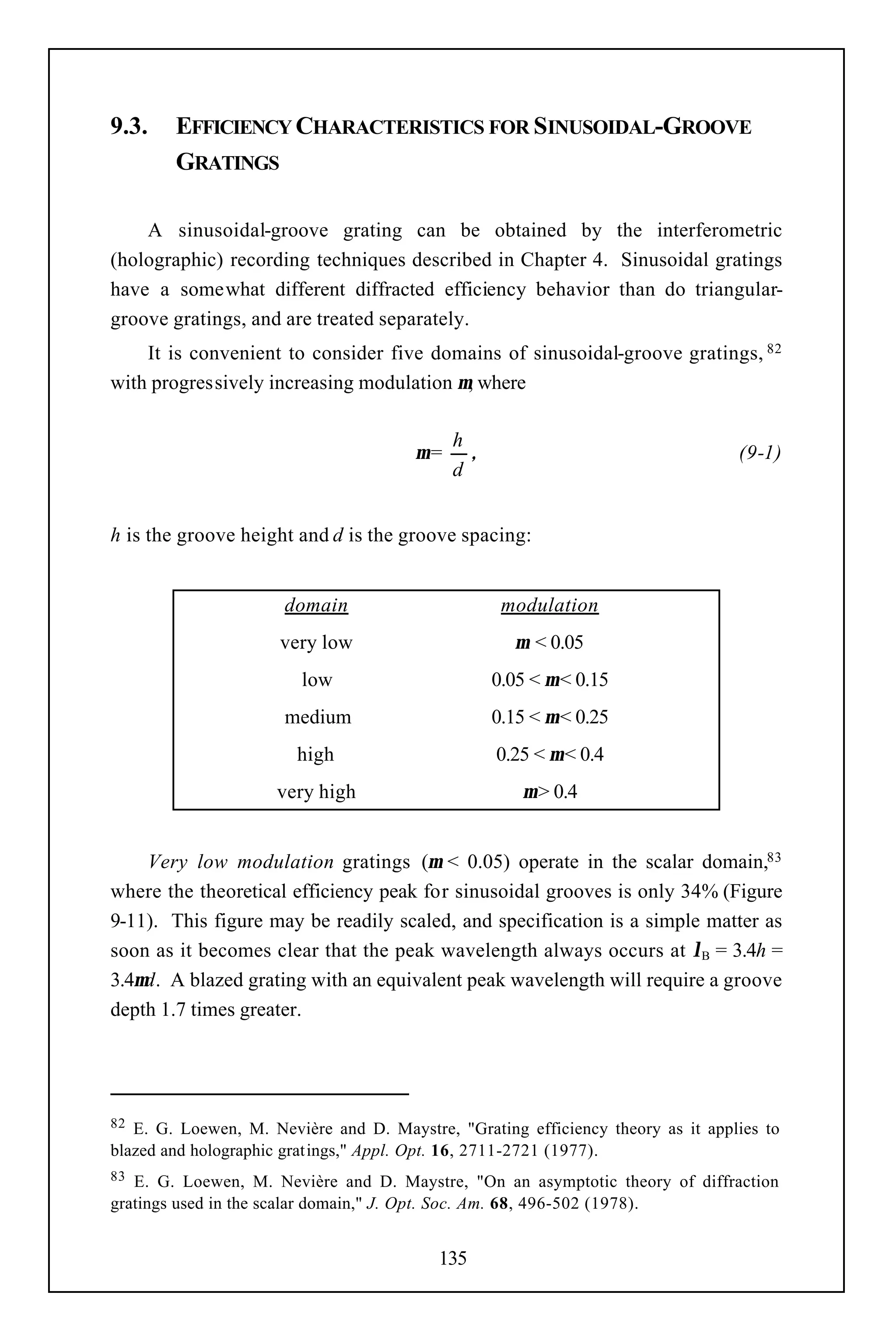 9.3.    EFFICIENCY CHARACTERISTICS FOR SINUSOIDAL-GROOVE
        GRATINGS

    A sinusoidal-groove grating can be obtained by the interferometric
(holographic) recording techniques described in Chapter 4. Sinusoidal gratings
have a somewhat different diffracted efficiency behavior than do triangular-
groove gratings, and are treated separately.
    It is convenient to consider five domains of sinusoidal-groove gratings, 82
with progressively increasing modulation µ, where

                                            h
                                       µ=     ,                                  (9-1)
                                            d


h is the groove height and d is the groove spacing:


                      domain                       modulation
                      very low                      µ < 0.05
                        low                       0.05 < µ < 0.15
                      medium                      0.15 < µ < 0.25
                        high                      0.25 < µ < 0.4
                     very high                       µ > 0.4


    Very low modulation gratings (µ < 0.05) operate in the scalar domain,83
where the theoretical efficiency peak for sinusoidal grooves is only 34% (Figure
9-11). This figure may be readily scaled, and specification is a simple matter as
soon as it becomes clear that the peak wavelength always occurs at λB = 3.4h =
3.4µd. A blazed grating with an equivalent peak wavelength will require a groove
depth 1.7 times greater.




82 E. G. Loewen, M. Nevière and D. Maystre, "Grating efficiency theory as it applies to
blazed and holographic gratings," Appl. Opt. 16, 2711-2721 (1977).
83 E. G. Loewen, M. Nevière and D. Maystre, "On an asymptotic theory of diffraction
gratings used in the scalar domain," J. Opt. Soc. Am. 68, 496-502 (1978).


                                          135
 