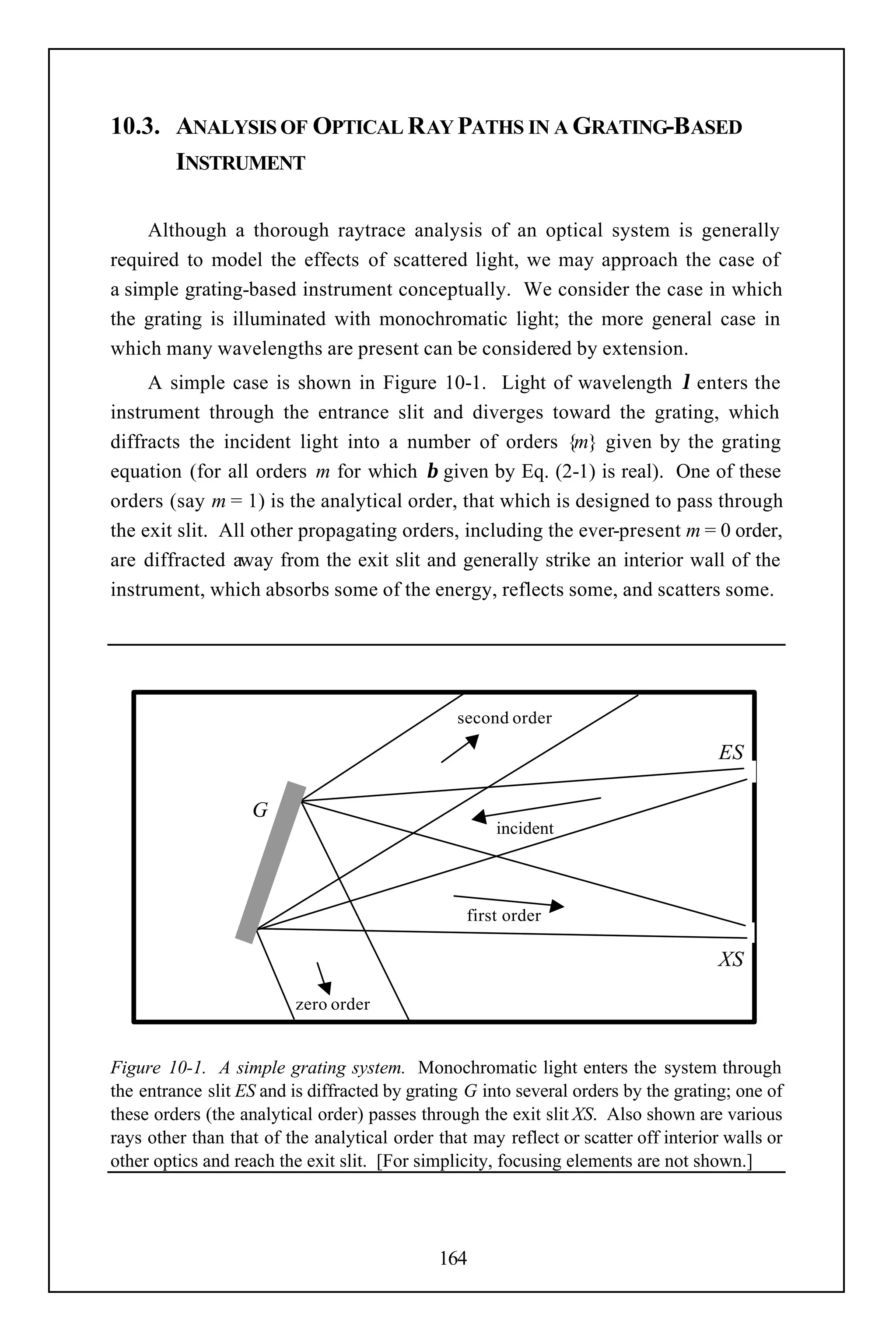 10.3. ANALYSIS OF OPTICAL RAY PATHS IN A GRATING-BASED
      INSTRUMENT

     Although a thorough raytrace analysis of an optical system is generally
required to model the effects of scattered light, we may approach the case of
a simple grating-based instrument conceptually. We consider the case in which
the grating is illuminated with monochromatic light; the more general case in
which many wavelengths are present can be considered by extension.
     A simple case is shown in Figure 10-1. Light of wavelength λ enters the
instrument through the entrance slit and diverges toward the grating, which
diffracts the incident light into a number of orders {m} given by the grating
equation (for all orders m for which β given by Eq. (2-1) is real). One of these
orders (say m = 1) is the analytical order, that which is designed to pass through
the exit slit. All other propagating orders, including the ever-present m = 0 order,
are diffracted away from the exit slit and generally strike an interior wall of the
instrument, which absorbs some of the energy, reflects some, and scatters some.




                                                second order

                                                                                     ES

                   G
                                                     incident




                                                 first order

                                                                                     XS

                         zero order


Figure 10-1. A simple grating system. Monochromatic light enters the system through
the entrance slit ES and is diffracted by grating G into several orders by the grating; one of
these orders (the analytical order) passes through the exit slit XS. Also shown are various
rays other than that of the analytical order that may reflect or scatter off interior walls or
other optics and reach the exit slit. [For simplicity, focusing elements are not shown.]




                                             164
 