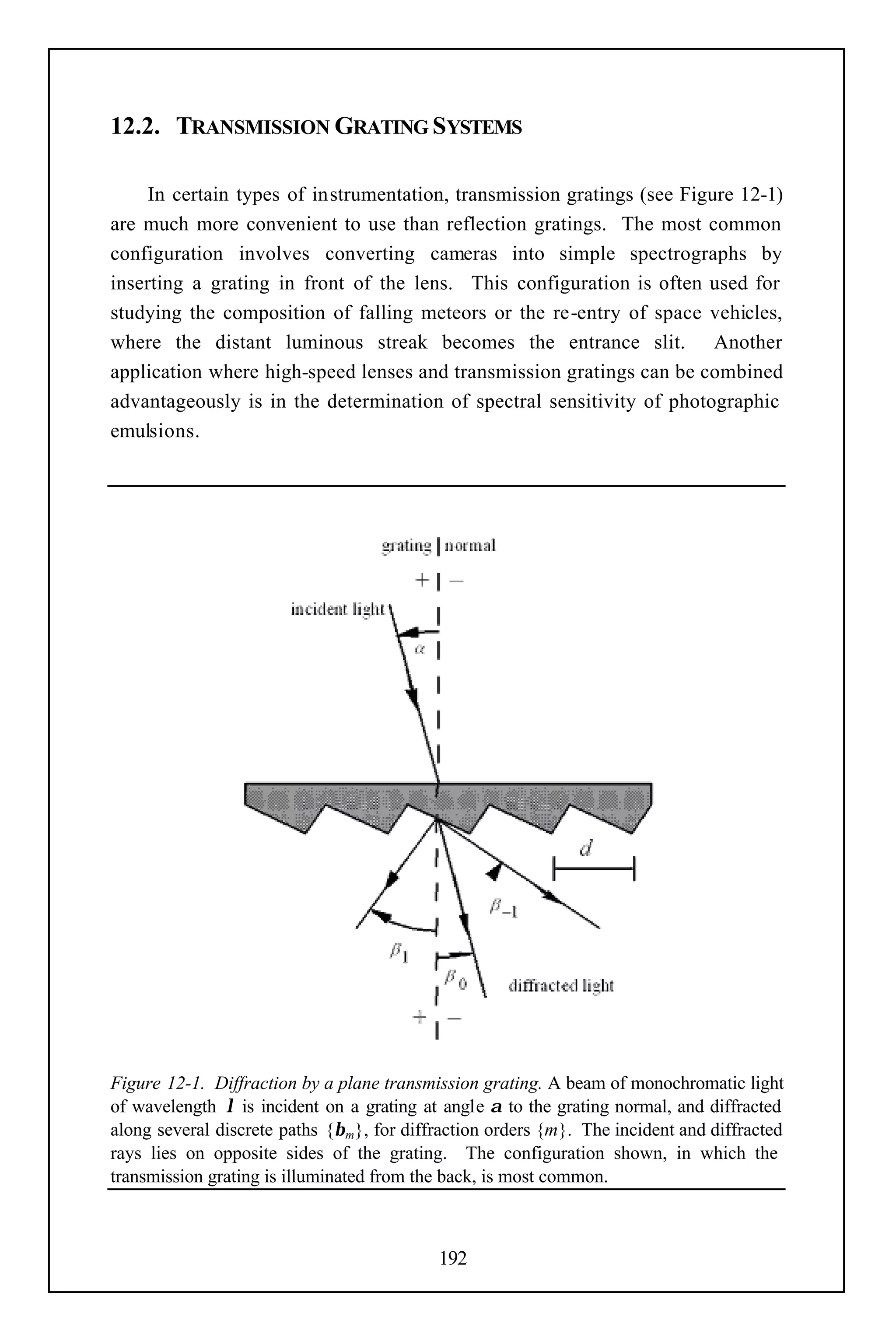 12.2. TRANSMISSION GRATING SYSTEMS

     In certain types of instrumentation, transmission gratings (see Figure 12-1)
are much more convenient to use than reflection gratings. The most common
configuration involves converting cameras into simple spectrographs by
inserting a grating in front of the lens. This configuration is often used for
studying the composition of falling meteors or the re-entry of space vehicles,
where the distant luminous streak becomes the entrance slit. Another
application where high-speed lenses and transmission gratings can be combined
advantageously is in the determination of spectral sensitivity of photographic
emulsions.




Figure 12-1. Diffraction by a plane transmission grating. A beam of monochromatic light
of wavelength λ is incident on a grating at angle α to the grating normal, and diffracted
along several discrete paths {β m}, for diffraction orders {m}. The incident and diffracted
rays lies on opposite sides of the grating. The configuration shown, in which the
transmission grating is illuminated from the back, is most common.



                                            192
 
