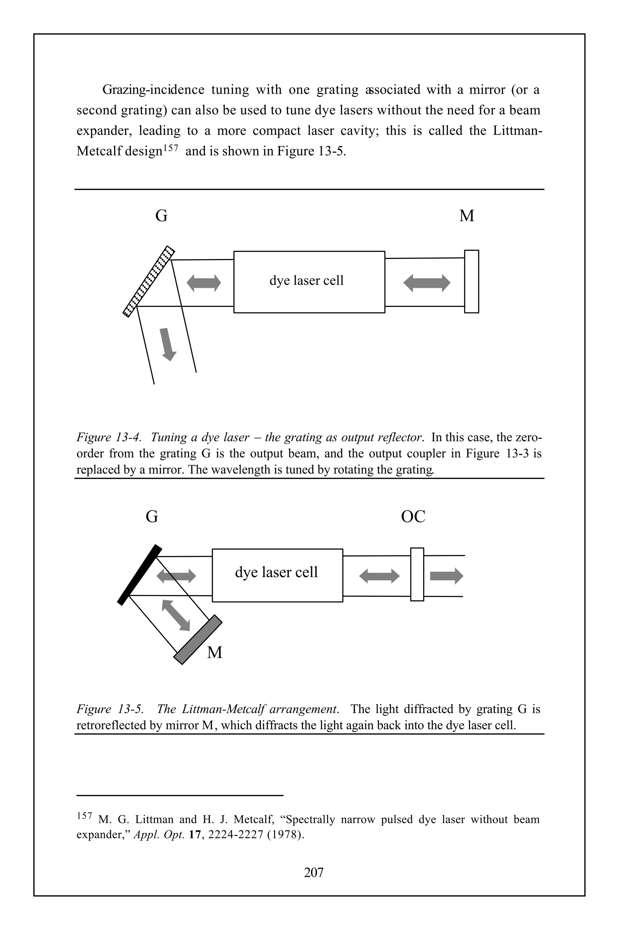 Grazing-incidence tuning with one grating a   ssociated with a mirror (or a
second grating) can also be used to tune dye lasers without the need for a beam
expander, leading to a more compact laser cavity; this is called the Littman-
Metcalf design157 and is shown in Figure 13-5.



               G                                                         M


                                     dye laser cell




Figure 13-4. Tuning a dye laser – the grating as output reflector. In this case, the zero-
order from the grating G is the output beam, and the output coupler in Figure 13-3 is
replaced by a mirror. The wavelength is tuned by rotating the grating.


             G                                                OC


                              dye laser cell




                         M


Figure 13-5. The Littman-Metcalf arrangement. The light diffracted by grating G is
retroreflected by mirror M, which diffracts the light again back into the dye laser cell.




157 M. G. Littman and H. J. Metcalf, “Spectrally narrow pulsed dye laser without beam
expander,” Appl. Opt. 17, 2224-2227 (1978).


                                           207
 