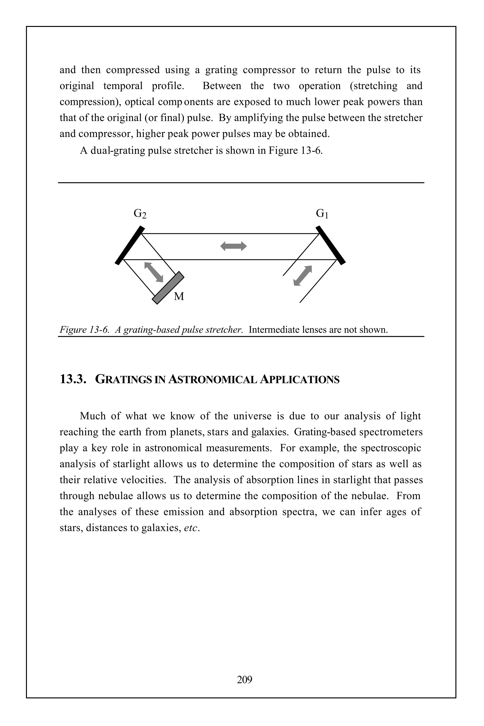 and then compressed using a grating compressor to return the pulse to its
original temporal profile.         Between the two operation (stretching and
compression), optical comp onents are exposed to much lower peak powers than
that of the original (or final) pulse. By amplifying the pulse between the stretcher
and compressor, higher peak power pulses may be obtained.
    A dual-grating pulse stretcher is shown in Figure 13-6.




                  G2                                          G1
                  `                                           `



                           M

Figure 13-6. A grating-based pulse stretcher. Intermediate lenses are not shown.




13.3. GRATINGS IN ASTRONOMICAL APPLICATIONS

     Much of what we know of the universe is due to our analysis of light
reaching the earth from planets, stars and galaxies. Grating-based spectrometers
play a key role in astronomical measurements. For example, the spectroscopic
analysis of starlight allows us to determine the composition of stars as well as
their relative velocities. The analysis of absorption lines in starlight that passes
through nebulae allows us to determine the composition of the nebulae. From
the analyses of these emission and absorption spectra, we can infer ages of
stars, distances to galaxies, etc.




                                           209
 