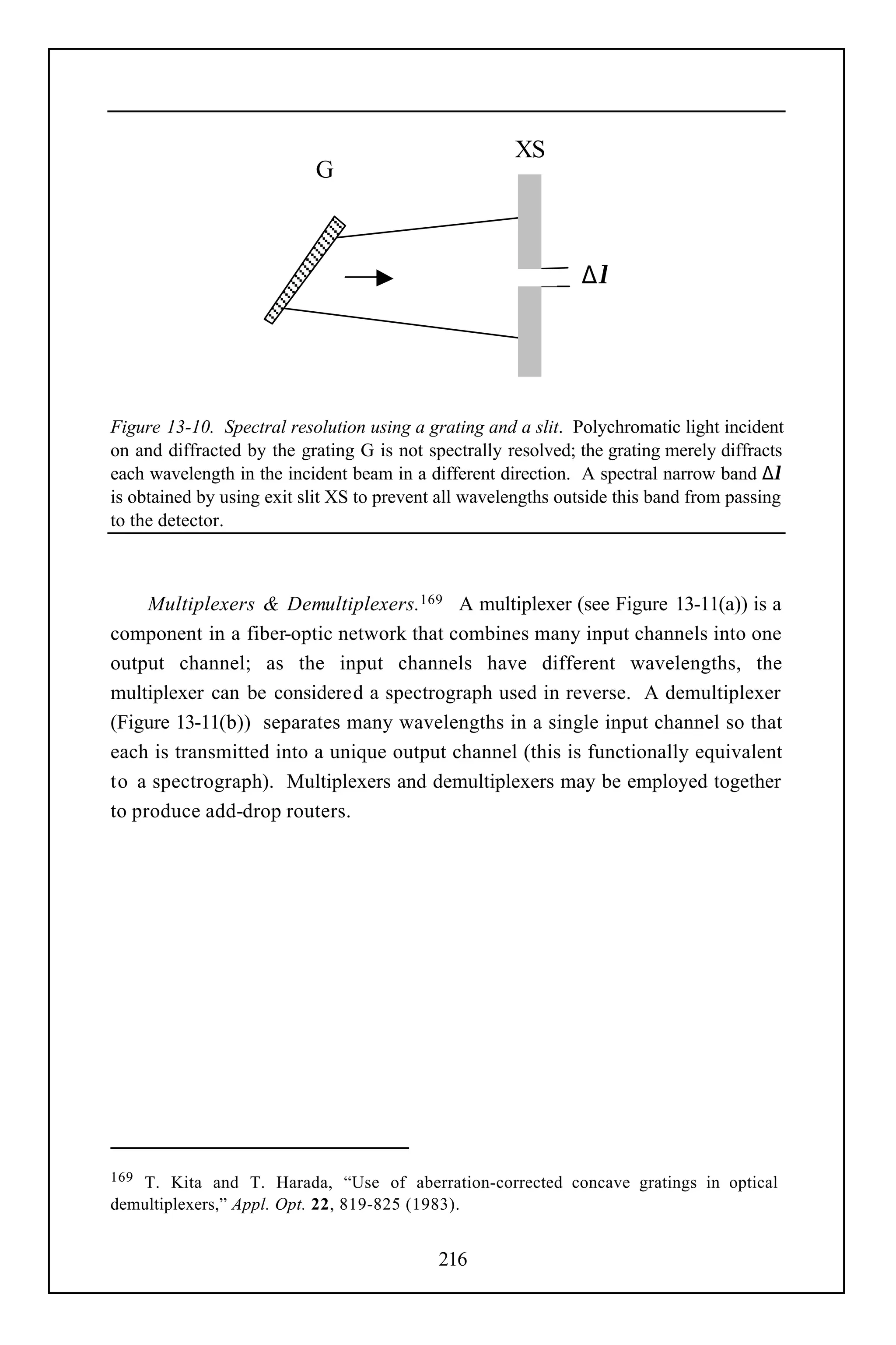 XS
                           G



                                                               ∆λ




Figure 13-10. Spectral resolution using a grating and a slit. Polychromatic light incident
on and diffracted by the grating G is not spectrally resolved; the grating merely diffracts
each wavelength in the incident beam in a different direction. A spectral narrow band ∆λ
is obtained by using exit slit XS to prevent all wavelengths outside this band from passing
to the detector.



     Multiplexers & Demultiplexers.169 A multiplexer (see Figure 13-11(a)) is a
component in a fiber-optic network that combines many input channels into one
output channel; as the input channels have different wavelengths, the
multiplexer can be considered a spectrograph used in reverse. A demultiplexer
(Figure 13-11(b)) separates many wavelengths in a single input channel so that
each is transmitted into a unique output channel (this is functionally equivalent
to a spectrograph). Multiplexers and demultiplexers may be employed together
to produce add-drop routers.




169T. Kita and T. Harada, “Use of aberration-corrected concave gratings in optical
demultiplexers,” Appl. Opt. 22, 819-825 (1983).


                                            216
 